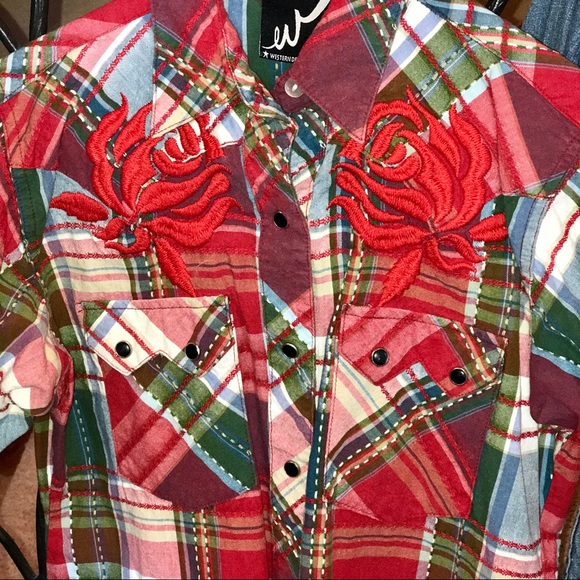 Lot of 2 Western Denim Bank Shirts Red M Blue L - Picture 3 of 6